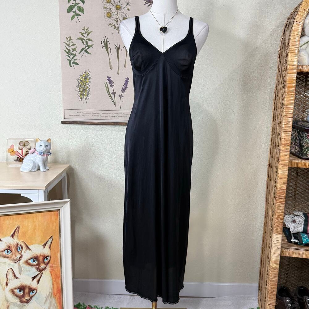 Vintage 80s 90s Black Nylon Full Slip Dress Dark Coquette Dainty Femme Sexy S 34
